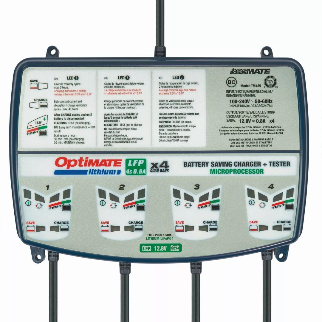 Tecmate TM484 optimatus lítium LFP 4S 0.8A Quad Bank Akkumulátor töltő 0