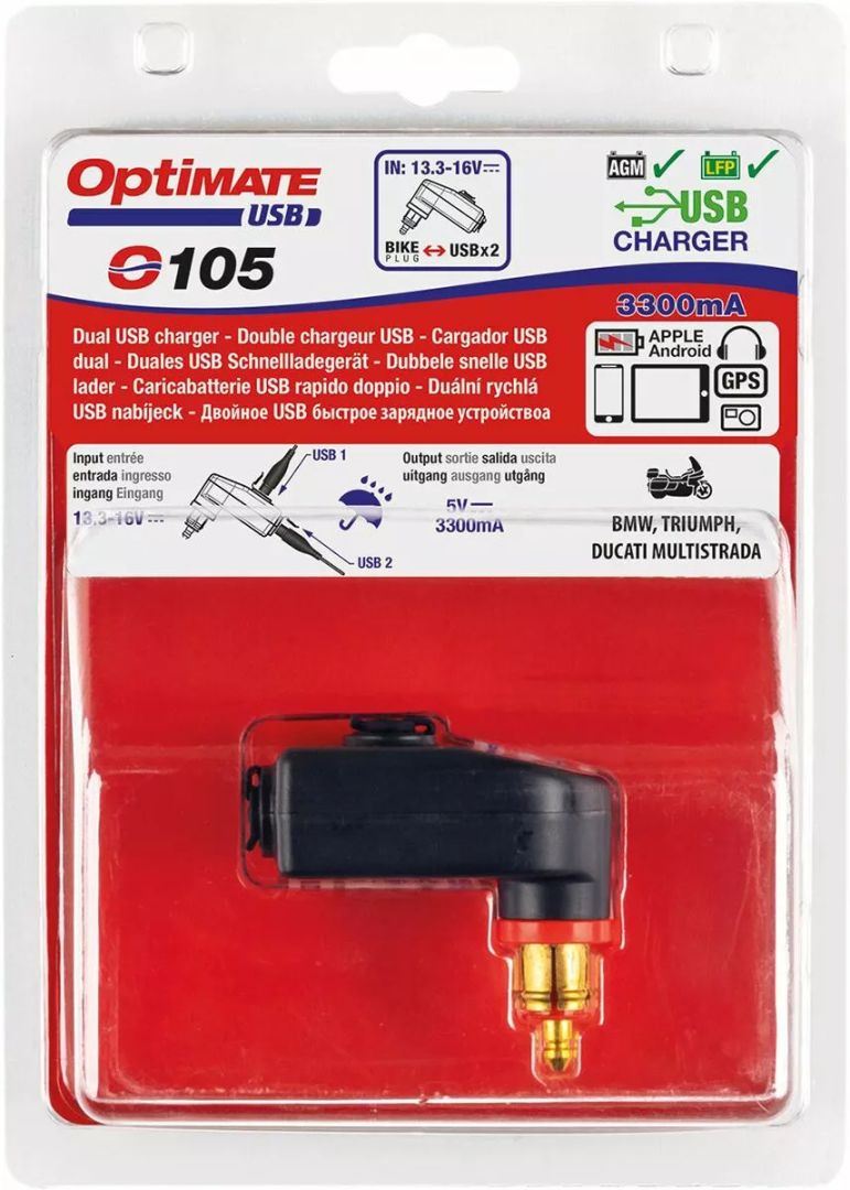 Tecmate O105V2 Optimate ™ kettős USB alacsony profilú töltő Akkumulátor töltő 2