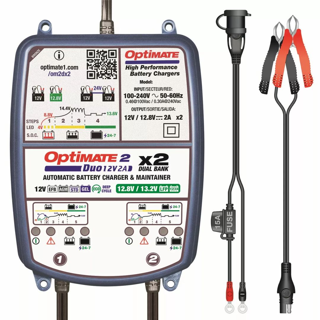 Tecmate TM570 Optimate 2 Duo x 2 Bank Akkumulátor töltő 5